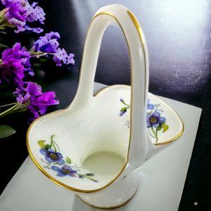 Fine Bone China Purple Pansies Ornamental Basket Crown Staffordshire England